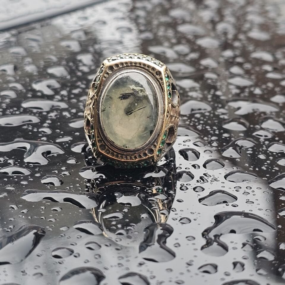 Orjinal Turmalin Taş işlemeli Usta işi Koleksiyoner 925 Ayar Erkek Gümüş Yüzük