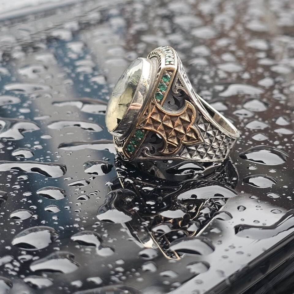 Orjinal Turmalin Taş işlemeli Usta işi Koleksiyoner 925 Ayar Erkek Gümüş Yüzük