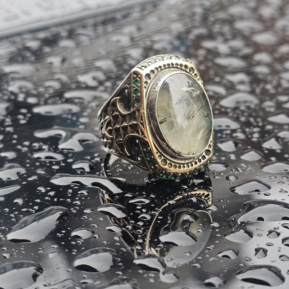 Orjinal Turmalin Taş işlemeli Usta işi Koleksiyoner 925 Ayar Erkek Gümüş Yüzük