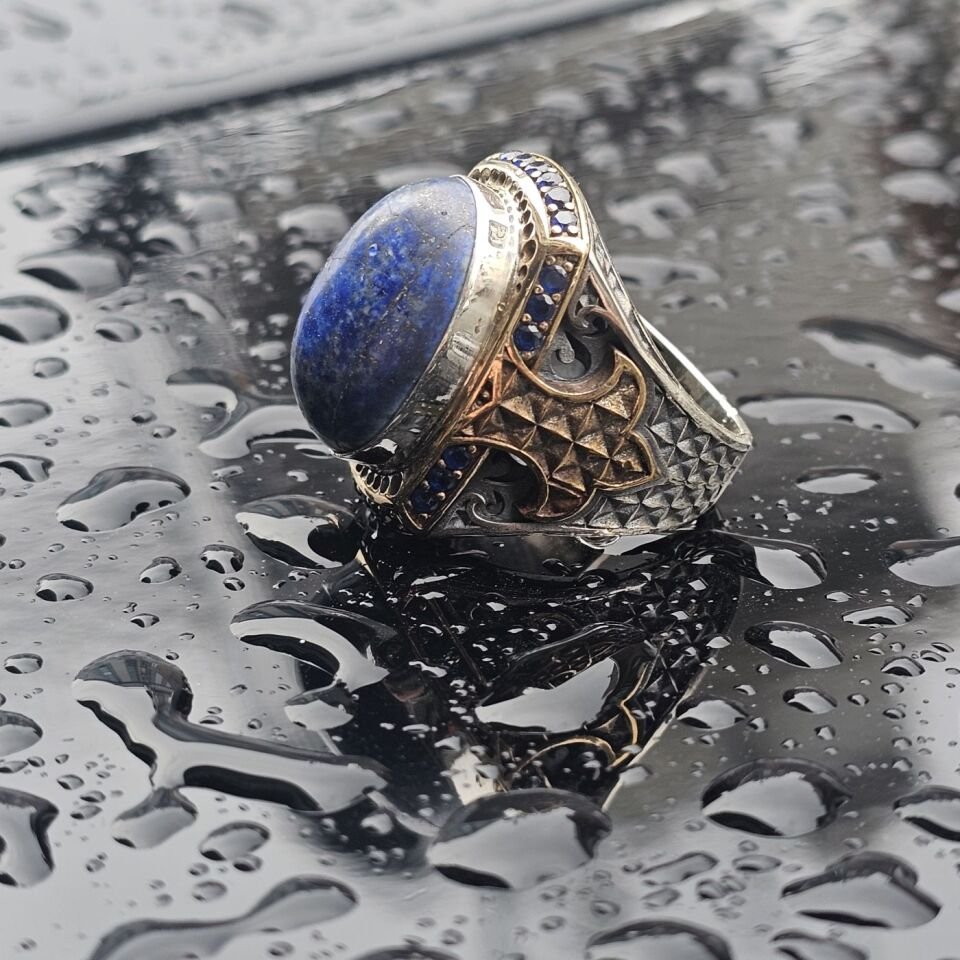 Orjinal Lapis Lazuli Taş işlemeli Usta işi  925 Ayar Erkek Gümüş Yüzük