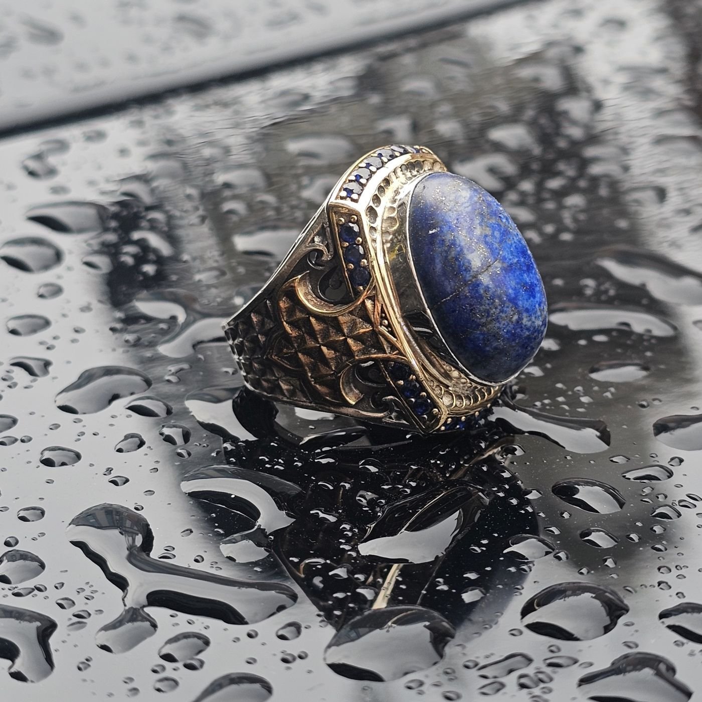 Orjinal Lapis Lazuli Taş işlemeli Usta işi  925 Ayar Erkek Gümüş Yüzük