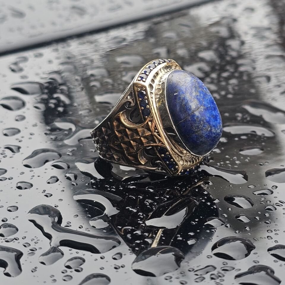 Orjinal Lapis Lazuli Taş işlemeli Usta işi  925 Ayar Erkek Gümüş Yüzük