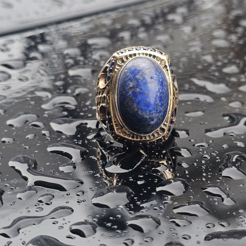 Orjinal Lapis Lazuli Taş işlemeli Usta işi  925 Ayar Erkek Gümüş Yüzük
