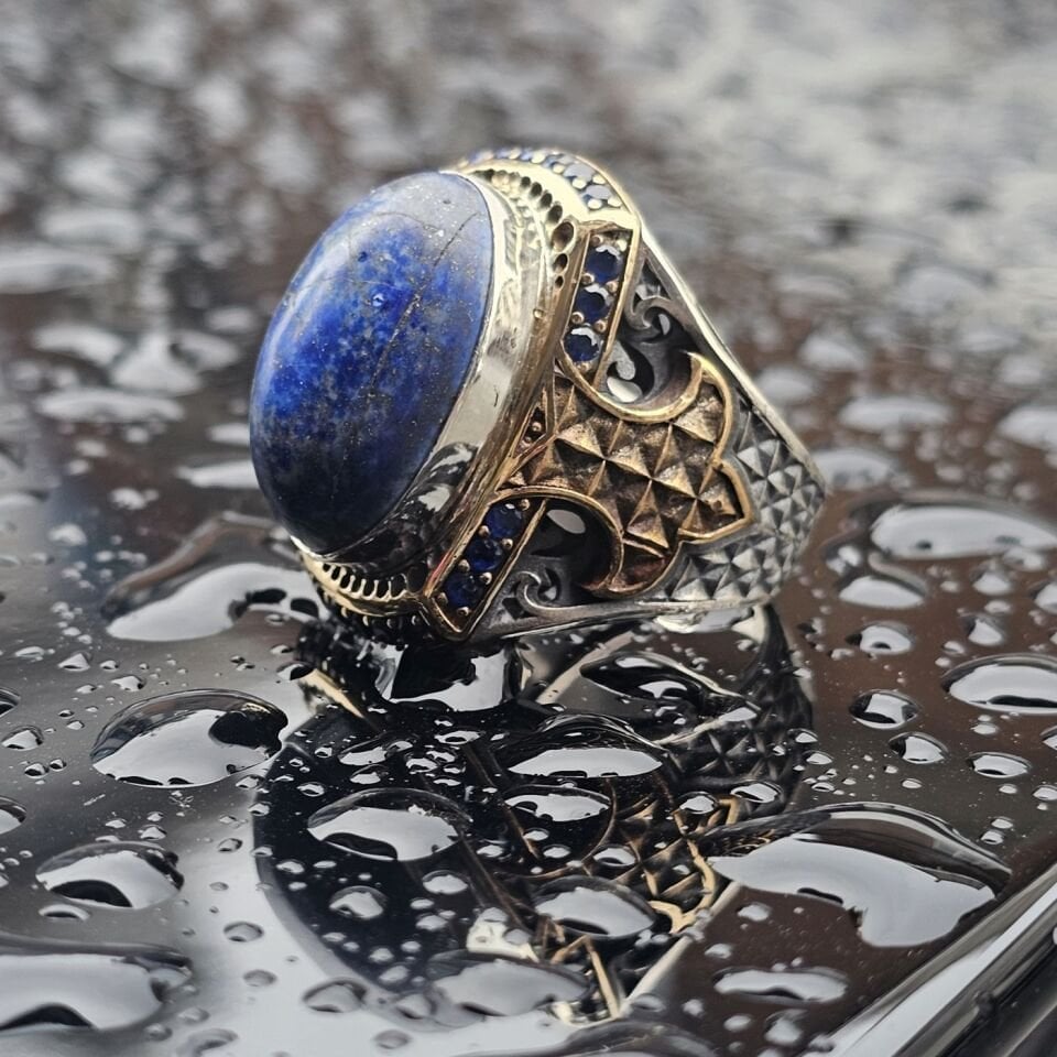 Orjinal Lapis Lazuli Taş işlemeli Usta işi  925 Ayar Erkek Gümüş Yüzük