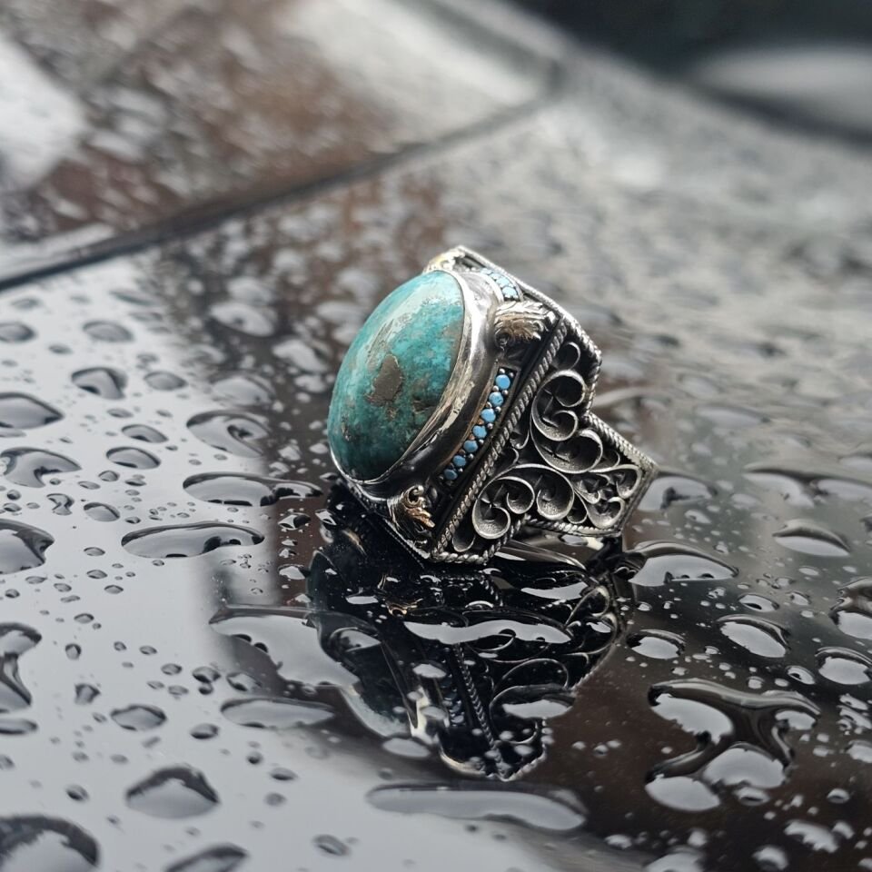Orjinal Firuze Taş işlemeli Usta işi  925 Ayar Erkek Gümüş Yüzük