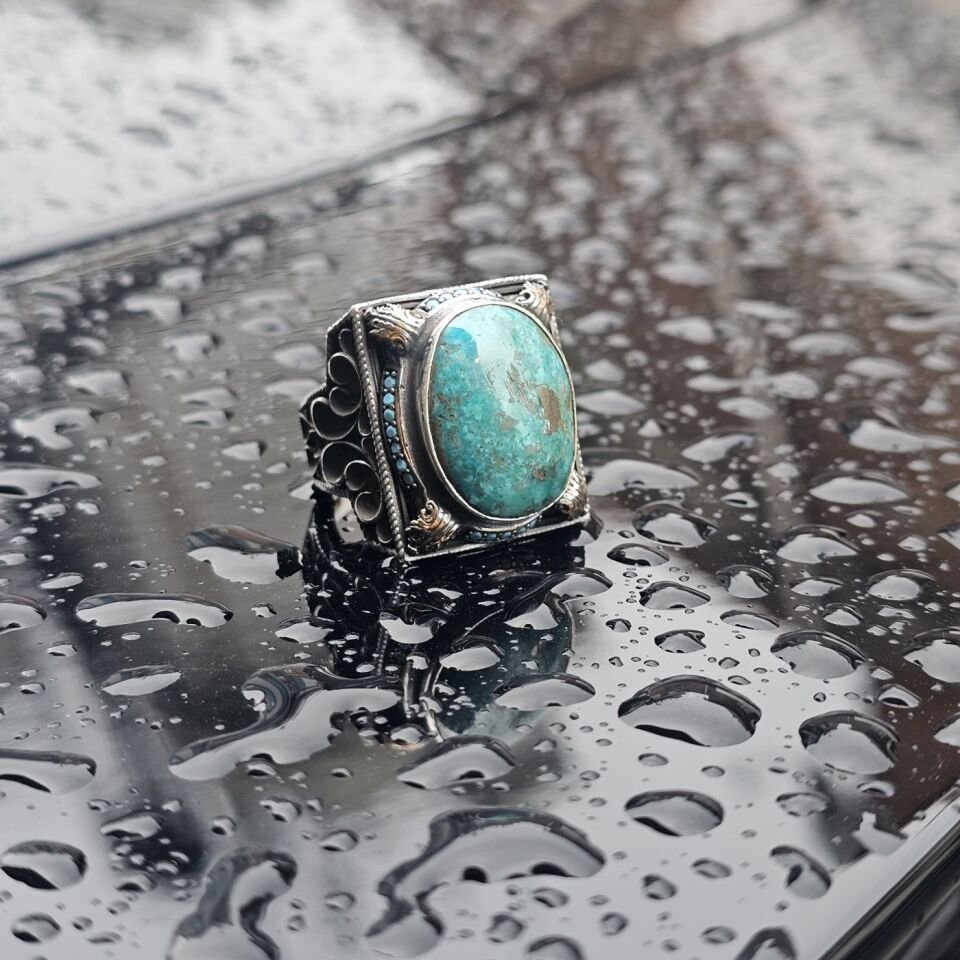 Orjinal Firuze Taş işlemeli Usta işi  925 Ayar Erkek Gümüş Yüzük