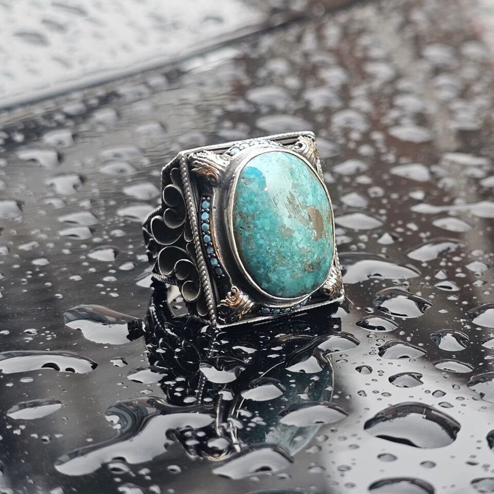 Orjinal Firuze Taş işlemeli Usta işi  925 Ayar Erkek Gümüş Yüzük