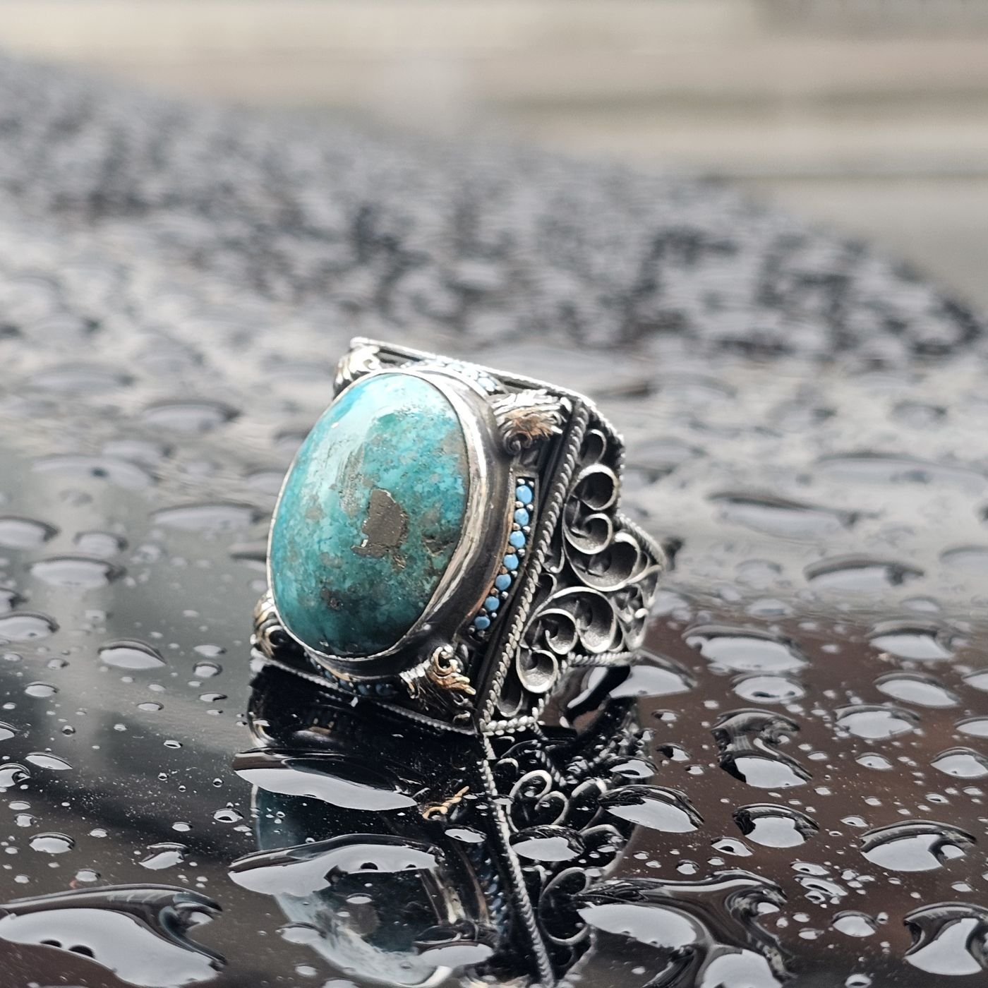 Orjinal Firuze Taş işlemeli Usta işi  925 Ayar Erkek Gümüş Yüzük