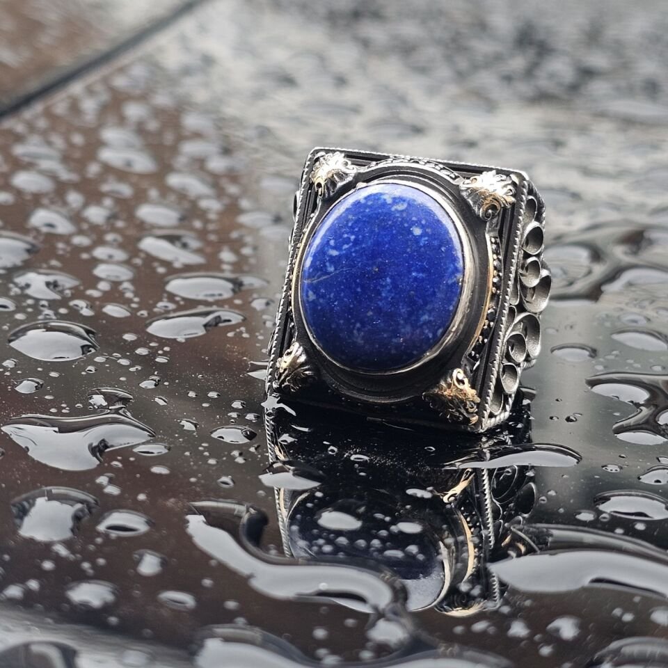 Orjinal Lapis Lazuli Taş işlemeli Usta işi 925 Ayar Erkek Gümüş Yüzük