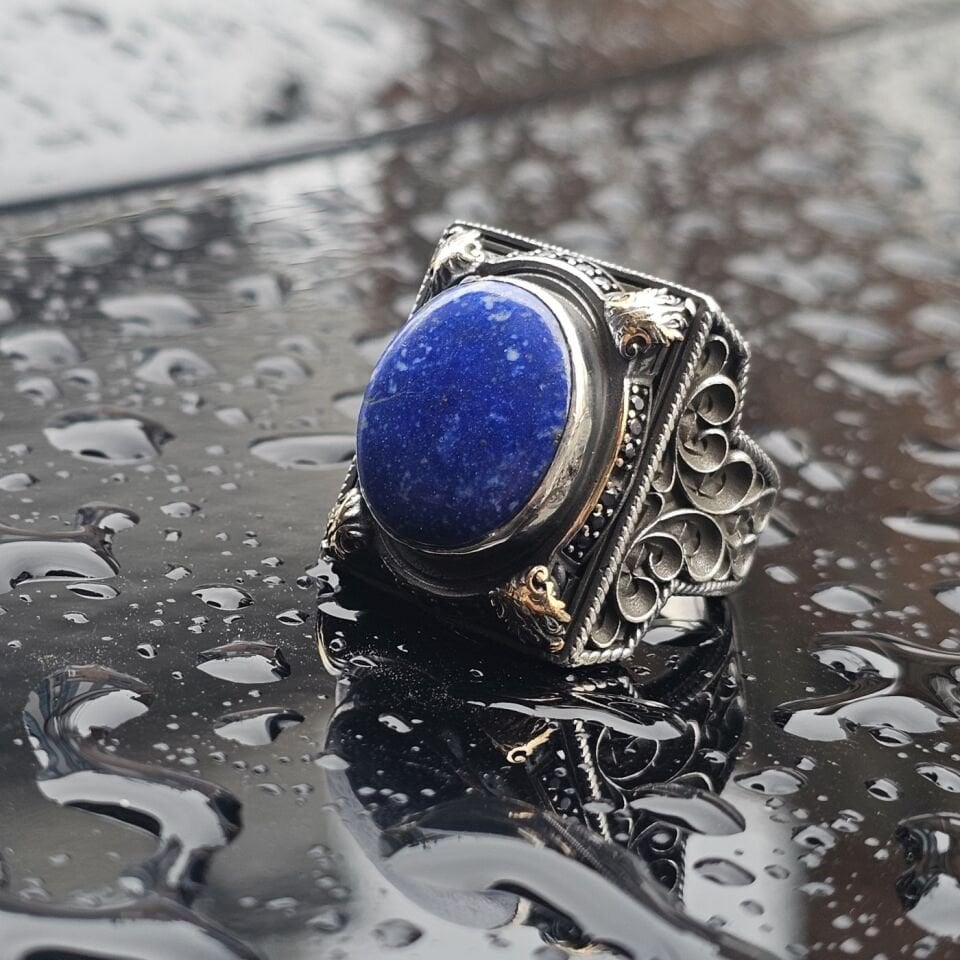 Orjinal Lapis Lazuli Taş işlemeli Usta işi 925 Ayar Erkek Gümüş Yüzük