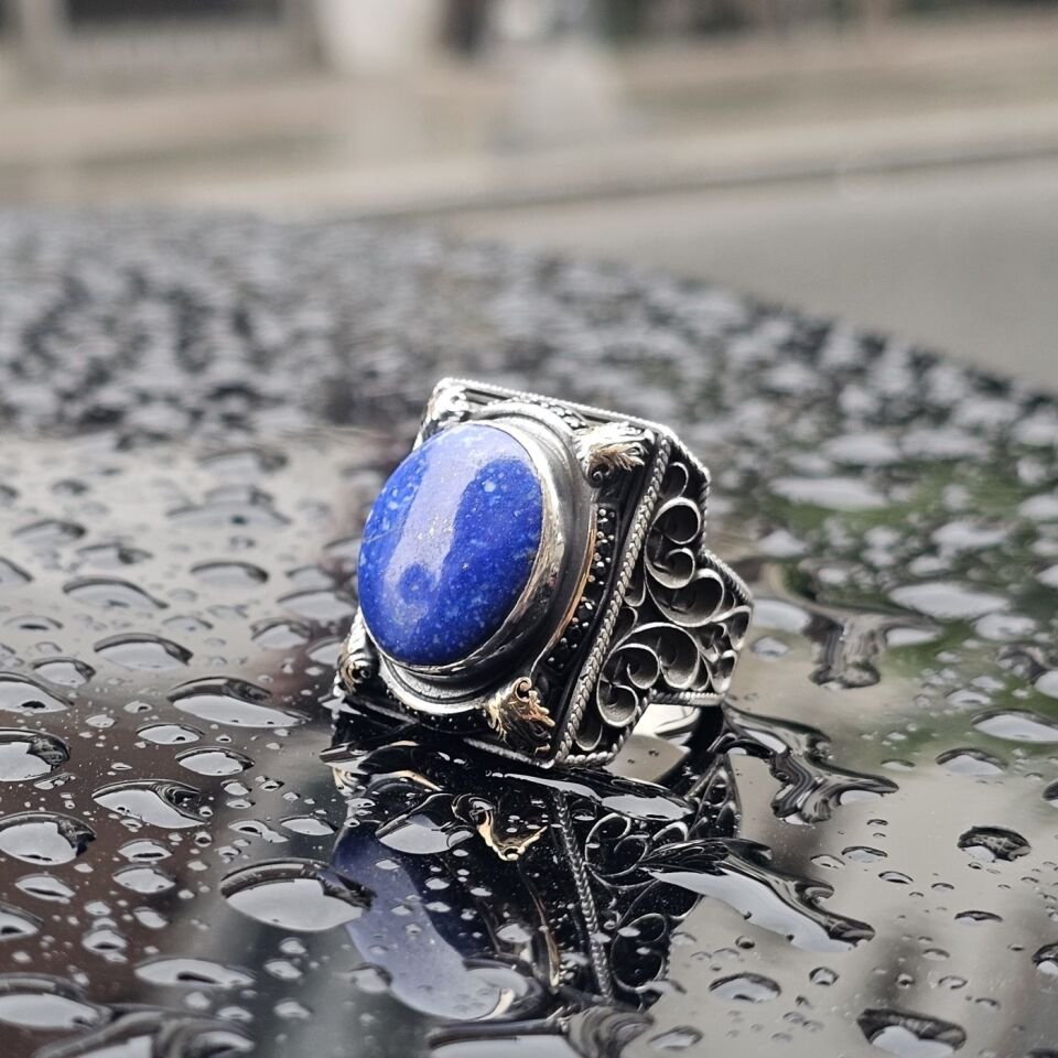 Orjinal Lapis Lazuli Taş işlemeli Usta işi 925 Ayar Erkek Gümüş Yüzük
