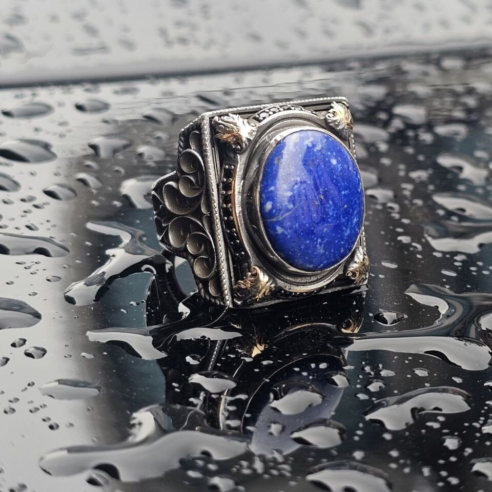 Orjinal Lapis Lazuli Taş işlemeli Usta işi 925 Ayar Erkek Gümüş Yüzük