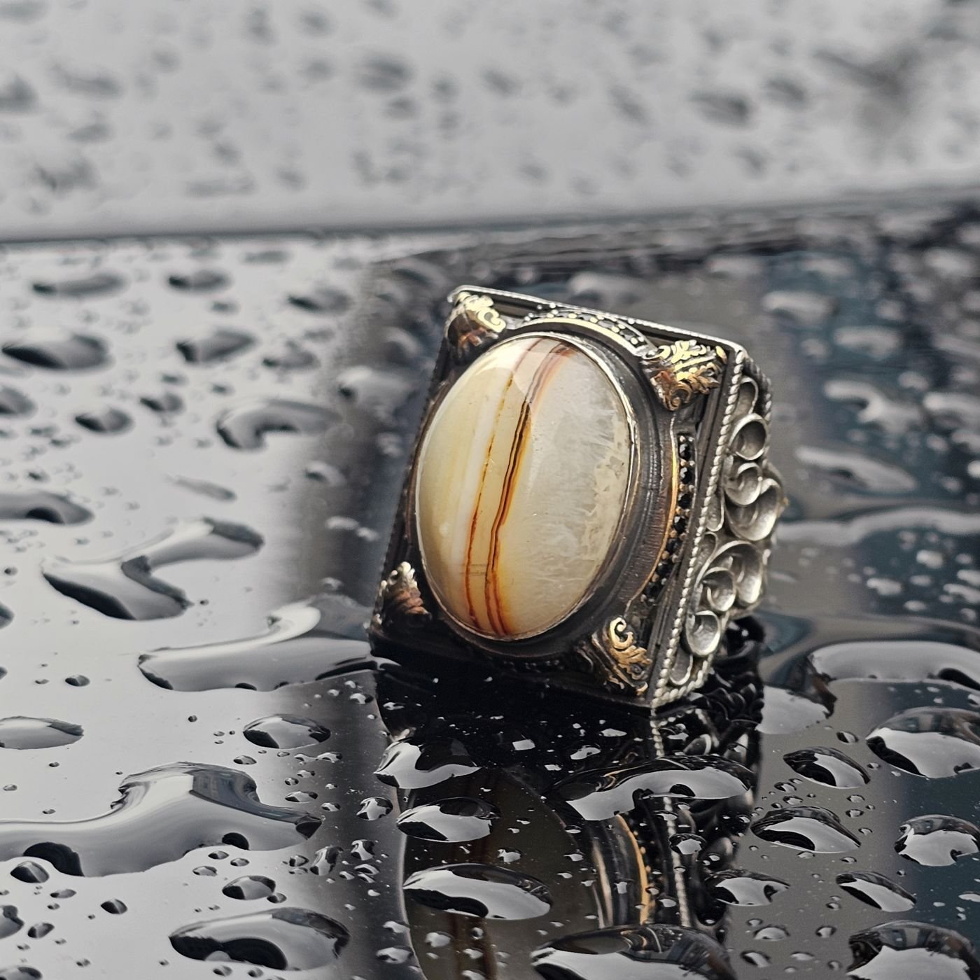 Orjinal Yemen Akik Taş işlemeli Usta işi  925 Ayar Erkek Gümüş Yüzük