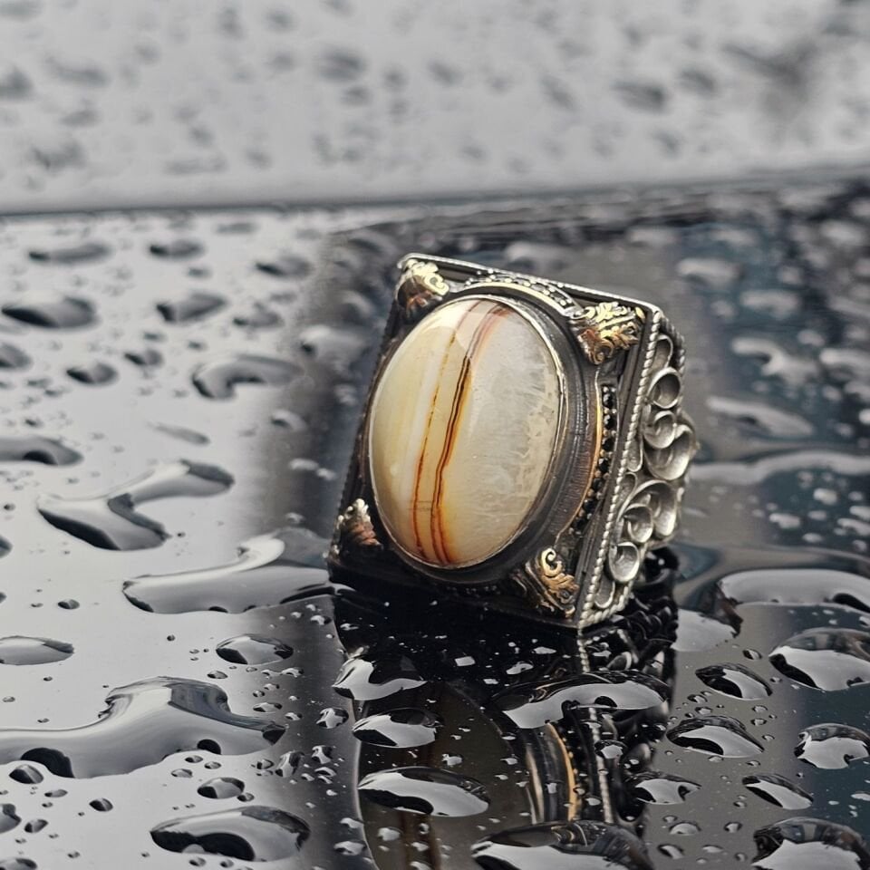 Orjinal Yemen Akik Taş işlemeli Usta işi  925 Ayar Erkek Gümüş Yüzük