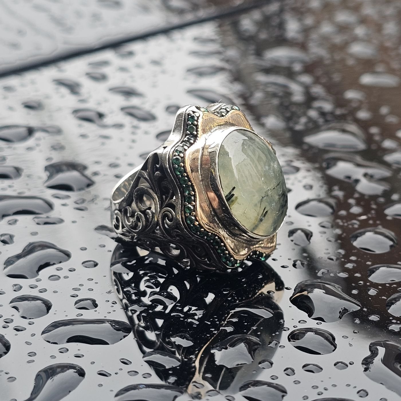 Orjinal Turmalin Taş işlemeli Usta işi  925 Ayar Erkek Gümüş Yüzük