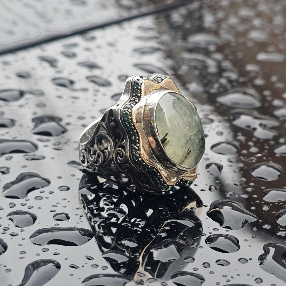 Orjinal Turmalin Taş işlemeli Usta işi  925 Ayar Erkek Gümüş Yüzük