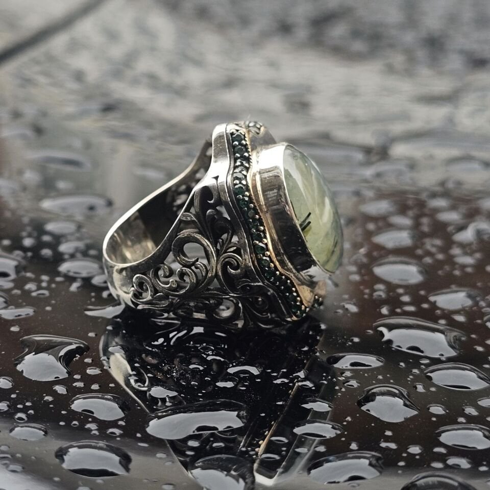 Orjinal Turmalin Taş işlemeli Usta işi  925 Ayar Erkek Gümüş Yüzük