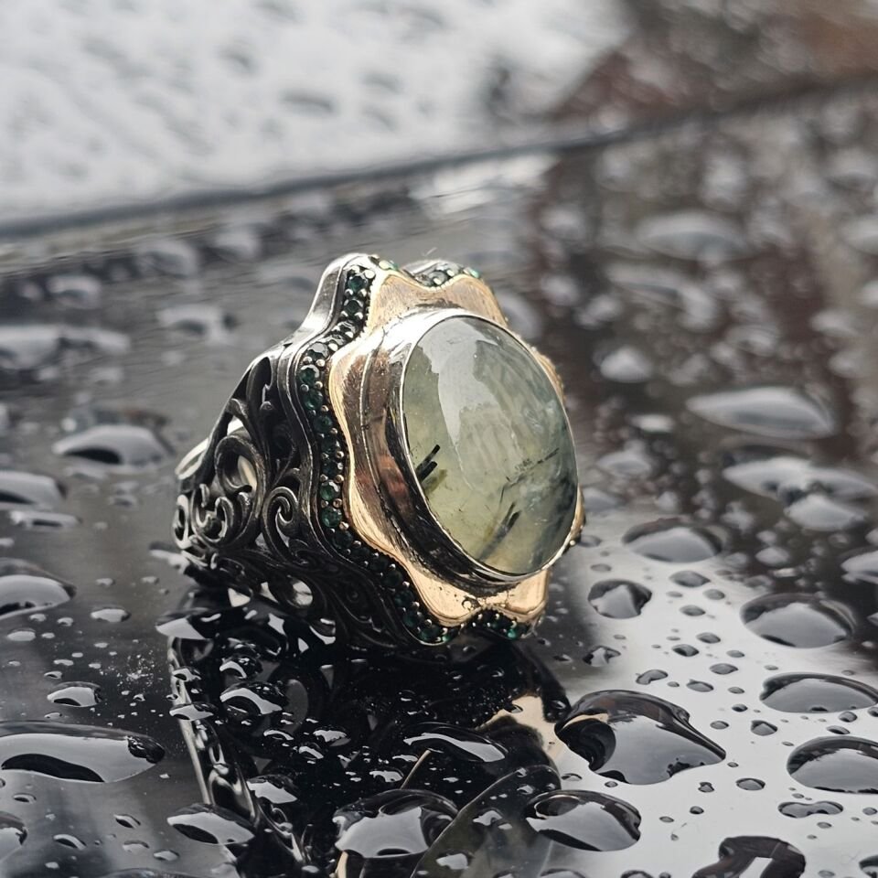 Orjinal Turmalin Taş işlemeli Usta işi  925 Ayar Erkek Gümüş Yüzük