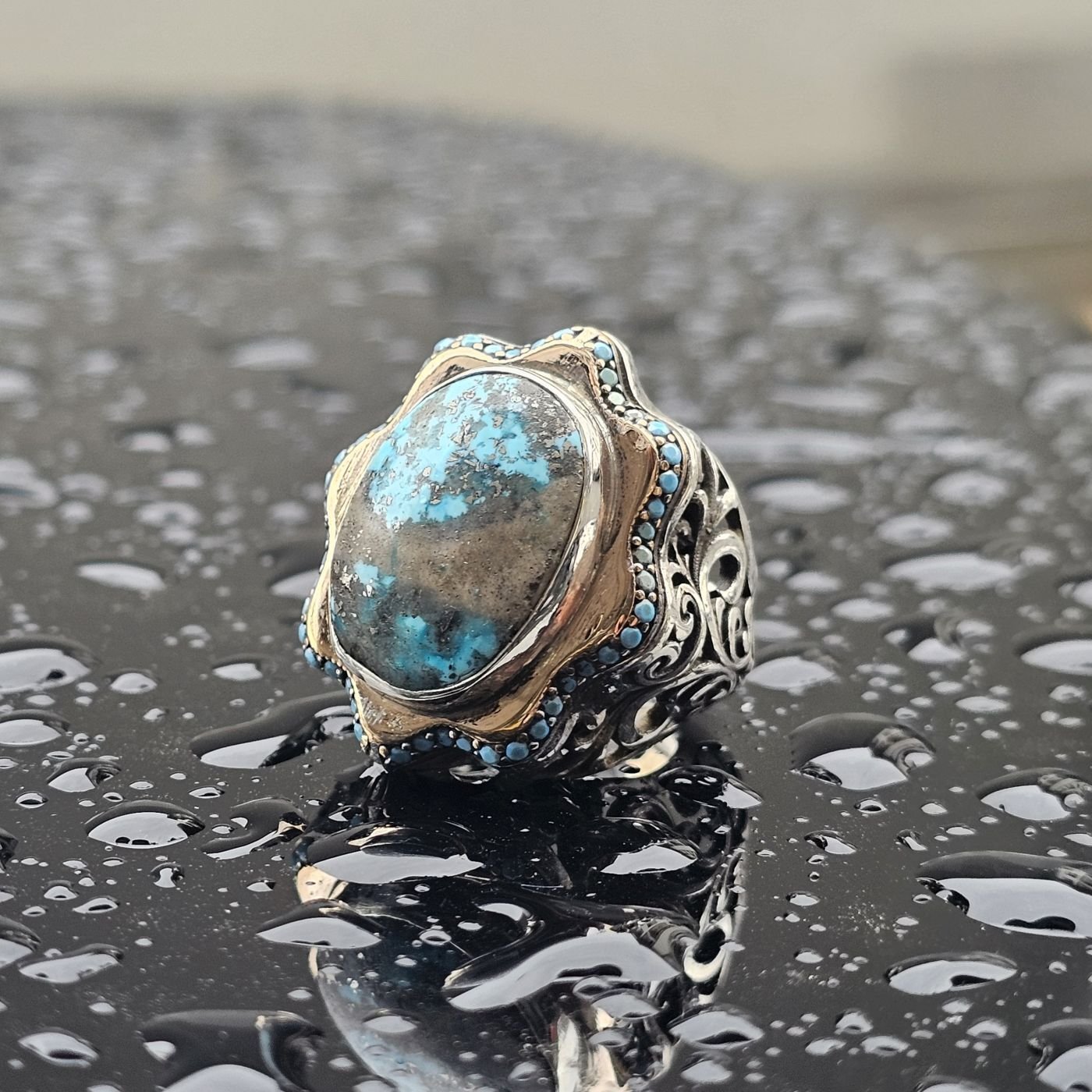 Orjinal Firuze Taş işlemeli Usta işi 925 Ayar Erkek Gümüş Yüzük