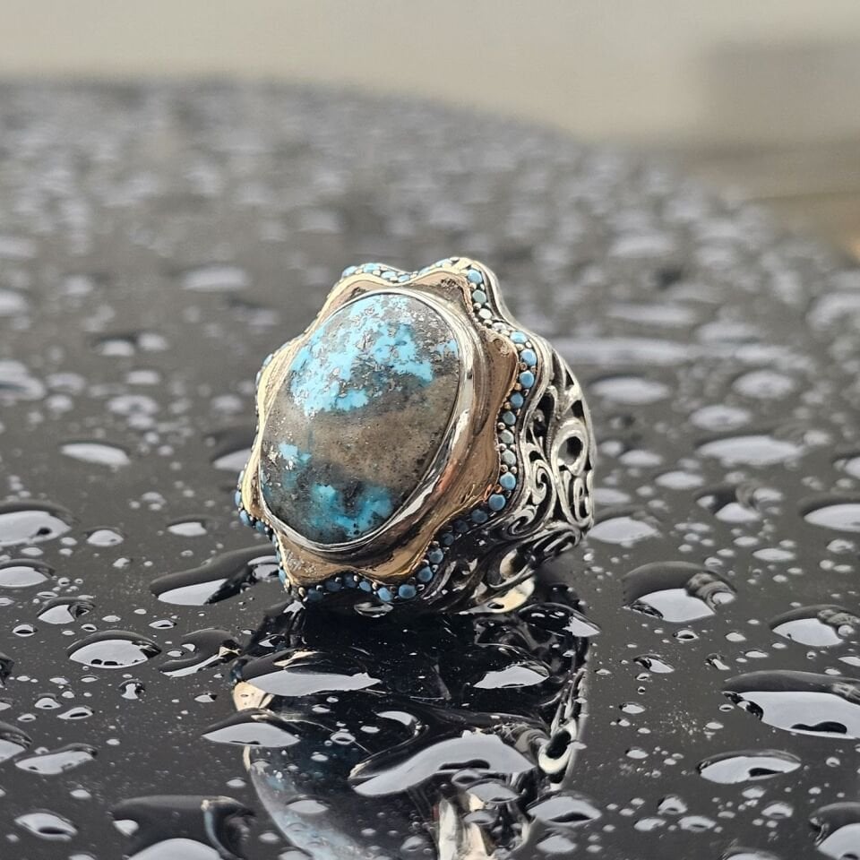 Orjinal Firuze Taş işlemeli Usta işi 925 Ayar Erkek Gümüş Yüzük