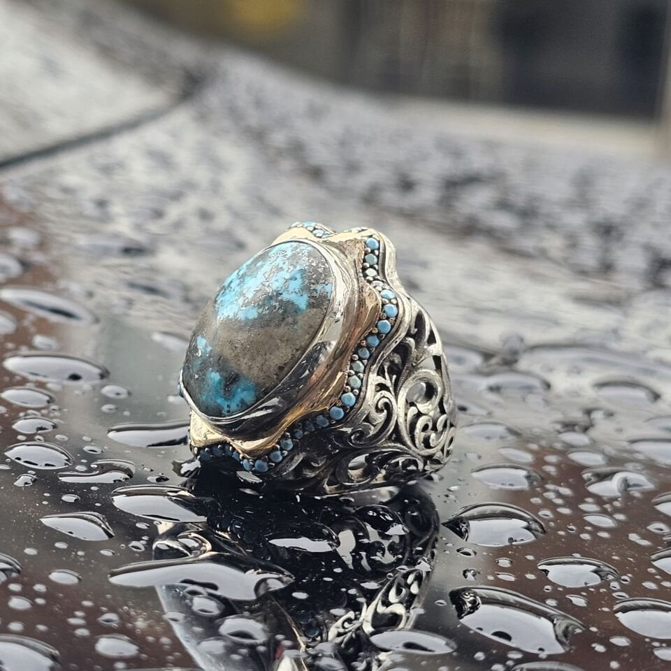 Orjinal Firuze Taş işlemeli Usta işi 925 Ayar Erkek Gümüş Yüzük