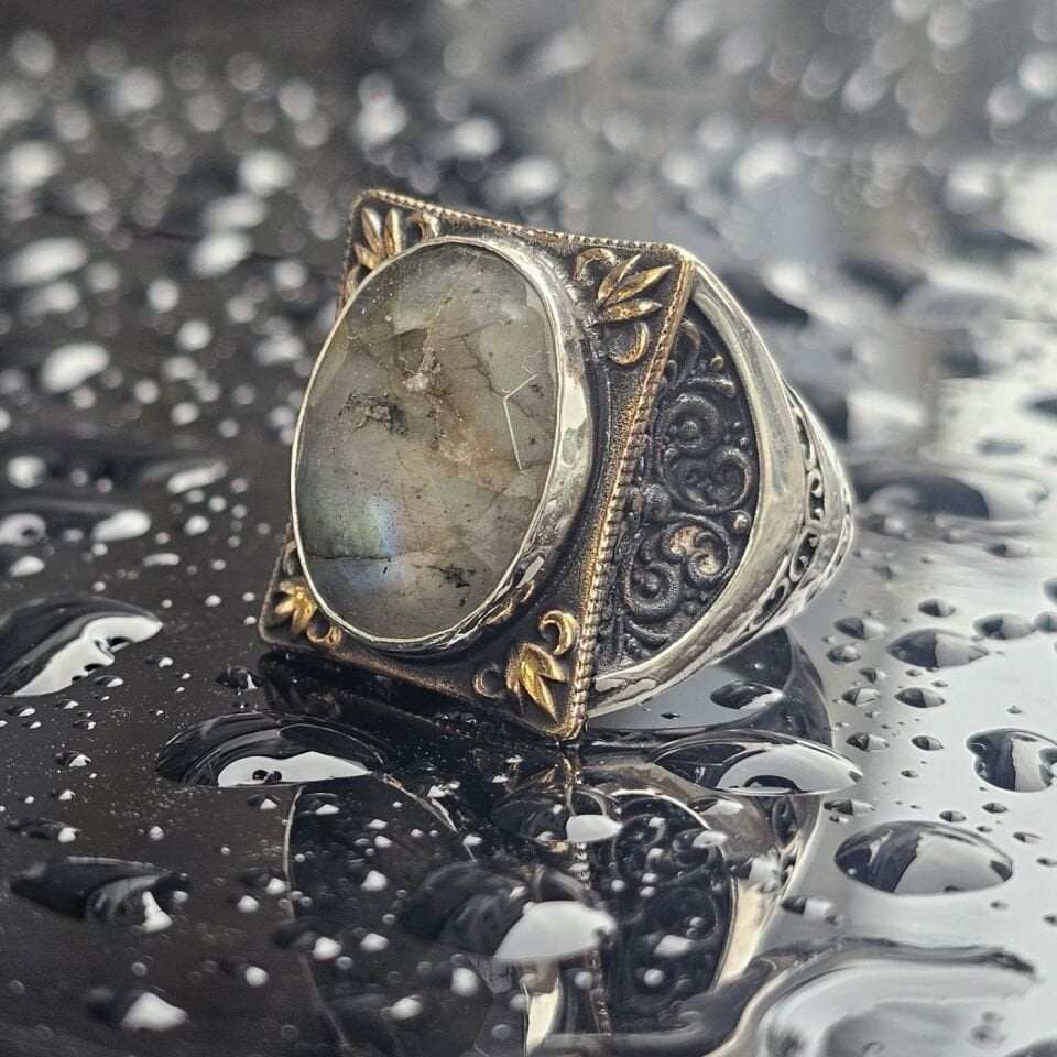 Orjinal Labradorit Taşlı  Usta işi  925 Ayar Erkek Gümüş Yüzük