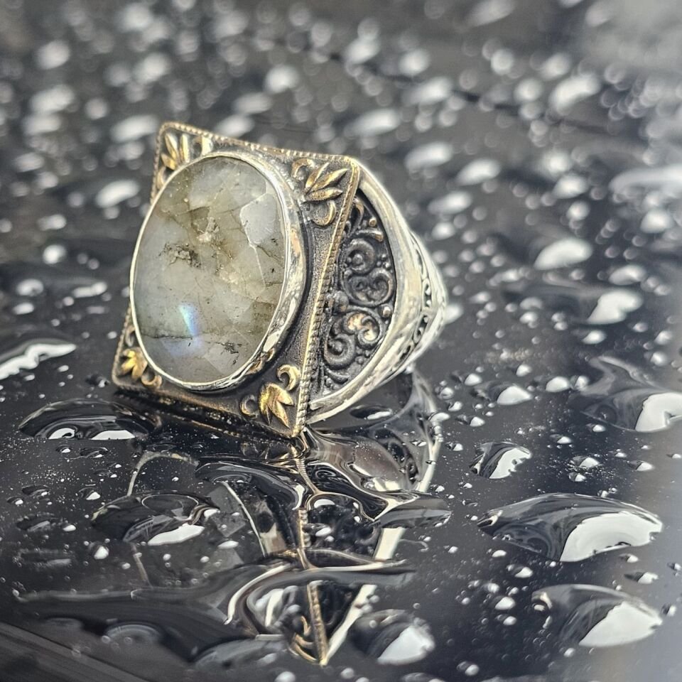 Orjinal Labradorit Taşlı  Usta işi  925 Ayar Erkek Gümüş Yüzük