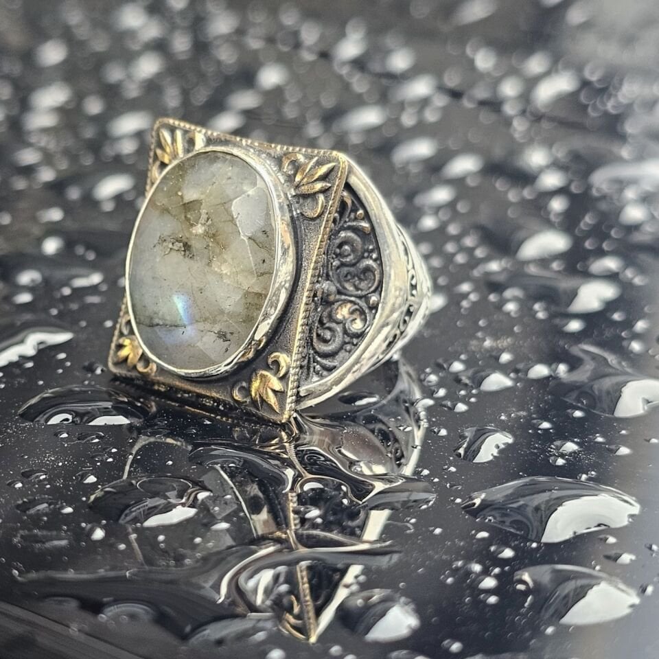Orjinal Labradorit Taşlı  Usta işi  925 Ayar Erkek Gümüş Yüzük