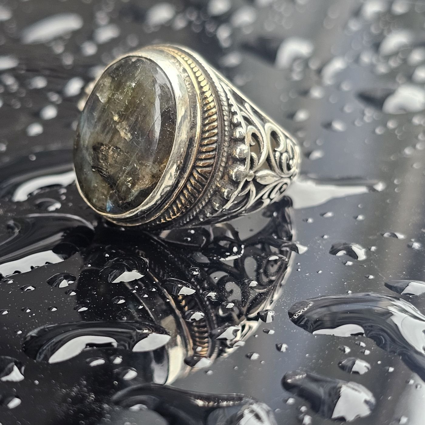 Orjinal Labradorit Taşlı Usta işi  925 Ayar Erkek Gümüş Yüzük