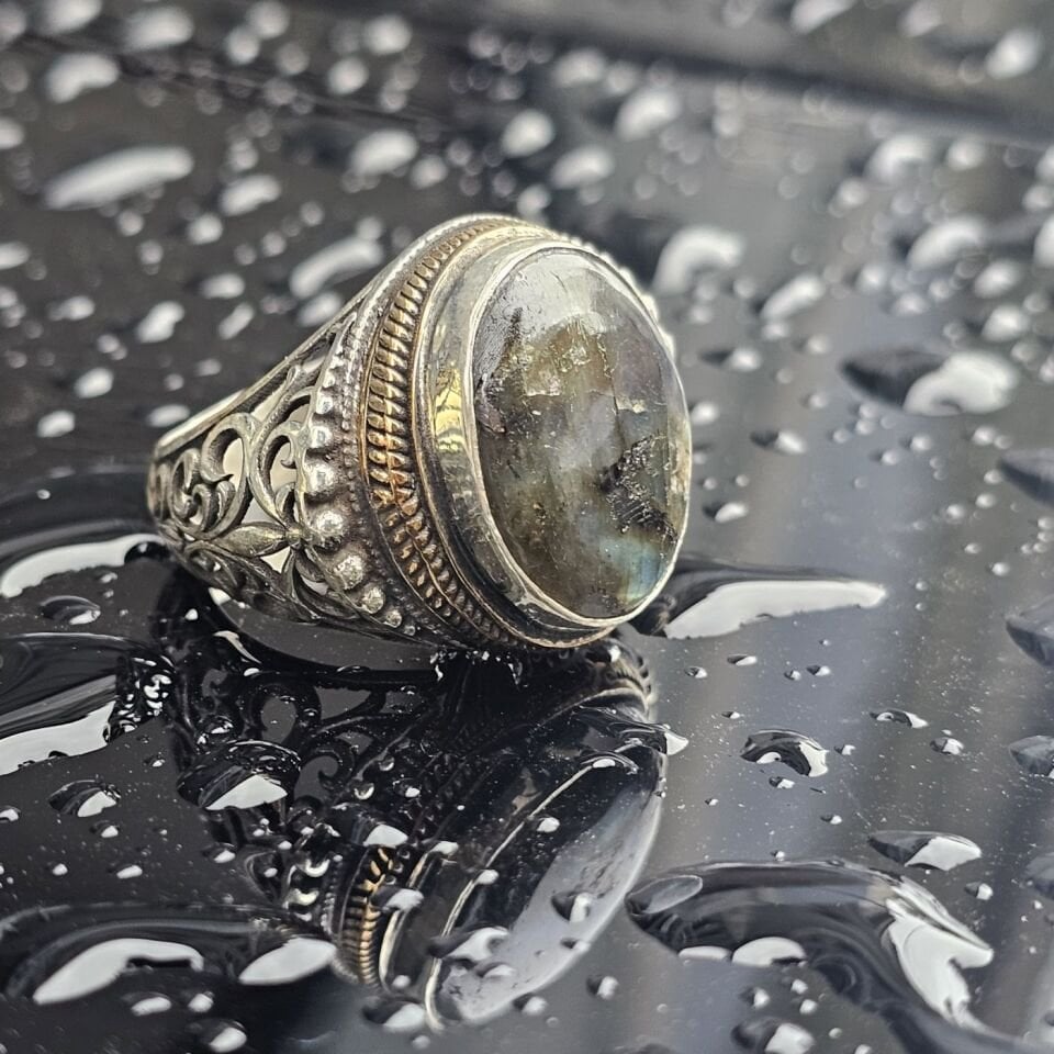 Orjinal Labradorit Taşlı Usta işi  925 Ayar Erkek Gümüş Yüzük