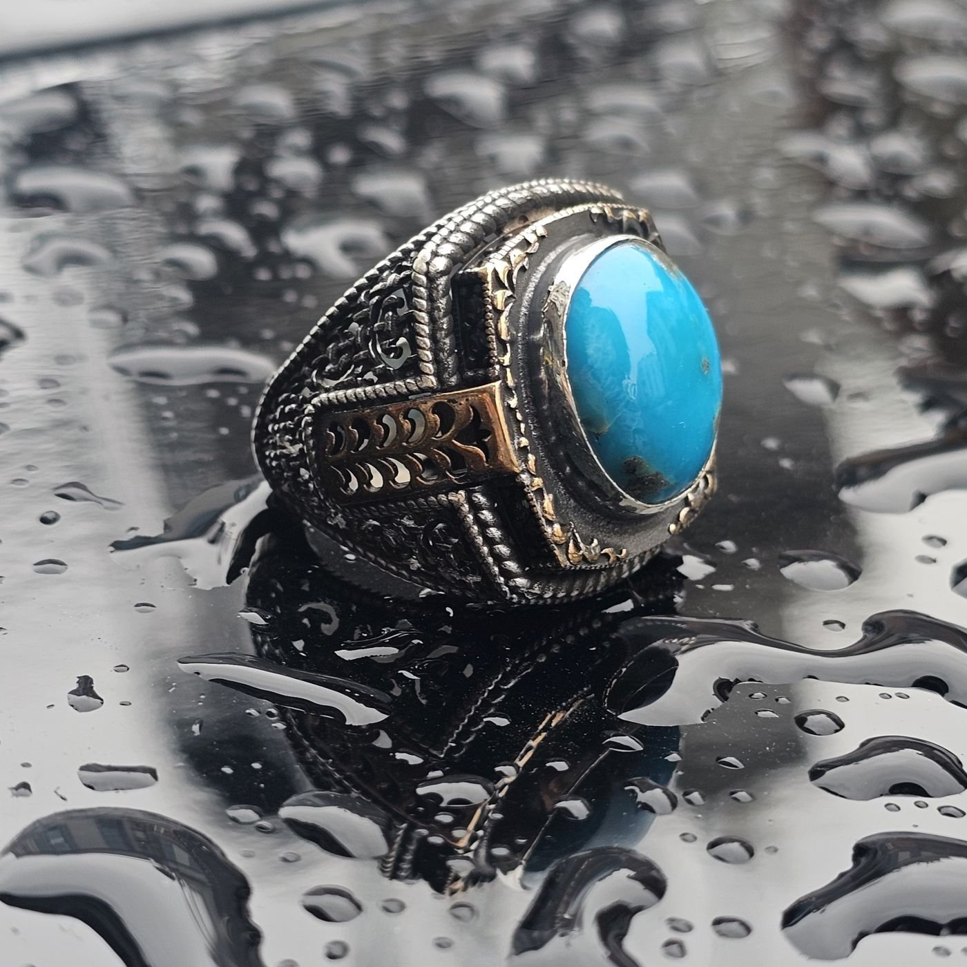 Orjinal Firuze işlemeli Usta işi 925 Ayar Erkek Gümüş Yüzük