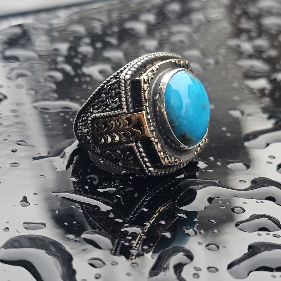 Orjinal Firuze işlemeli Usta işi 925 Ayar Erkek Gümüş Yüzük