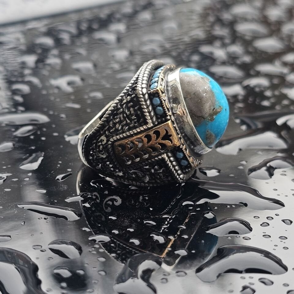 Orjinal Firuze işlemeli Usta işi 925 Ayar Erkek Gümüş Yüzük