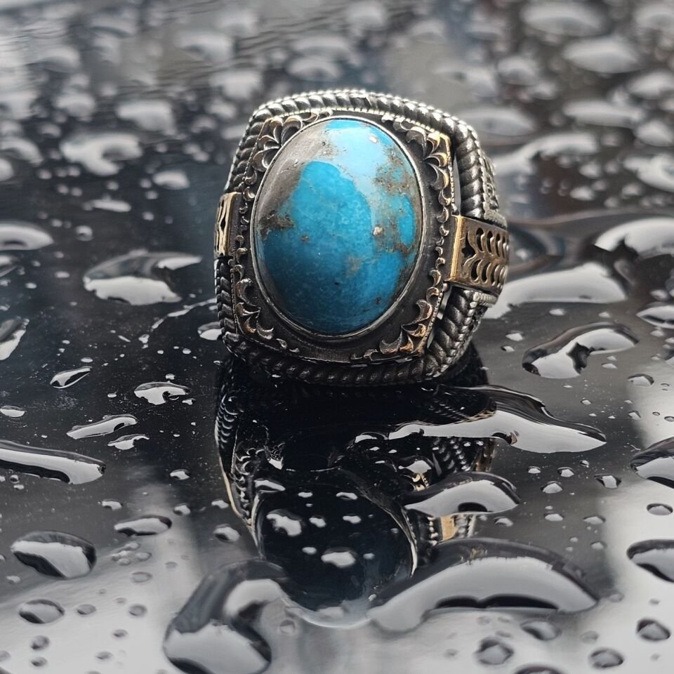 Orjinal Firuze işlemeli Usta işi 925 Ayar Erkek Gümüş Yüzük