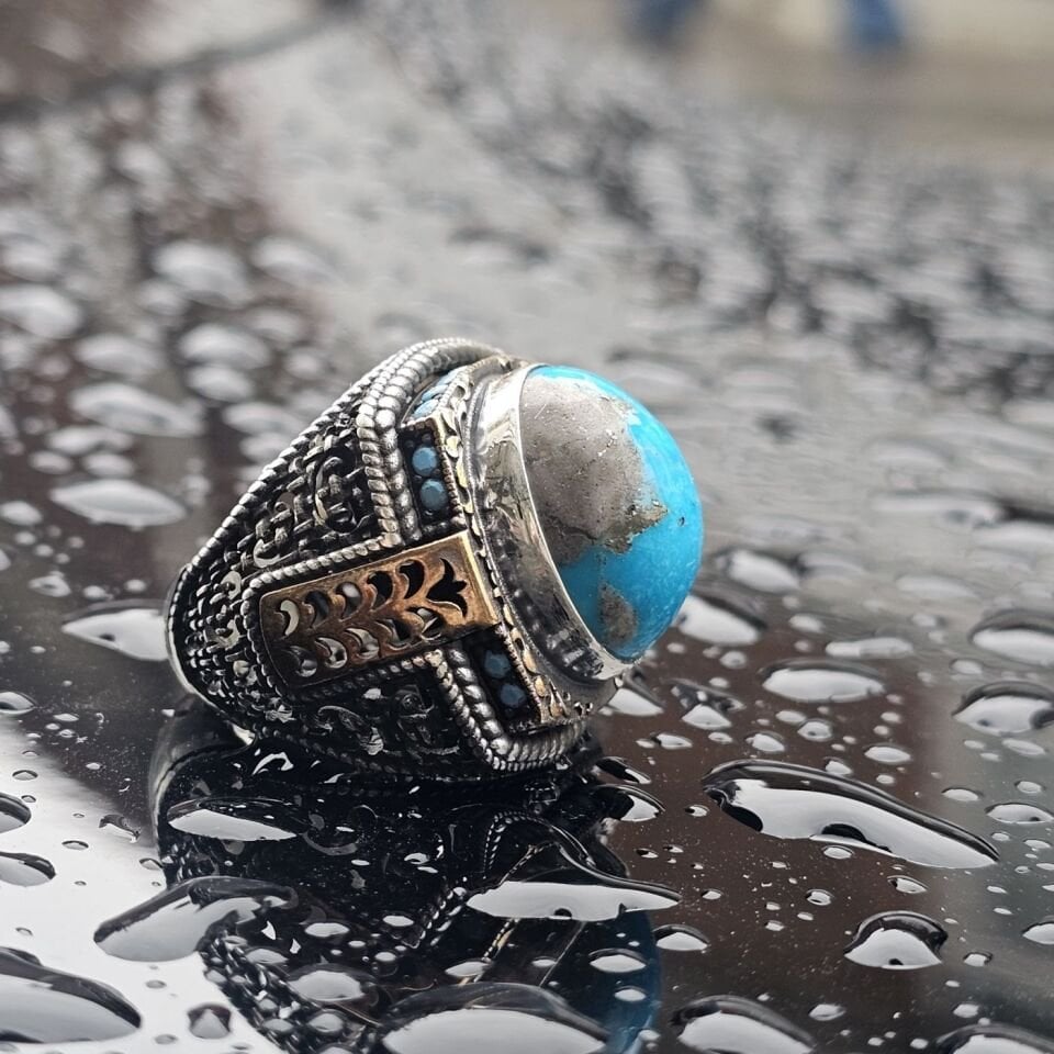 Orjinal Firuze işlemeli Usta işi 925 Ayar Erkek Gümüş Yüzük