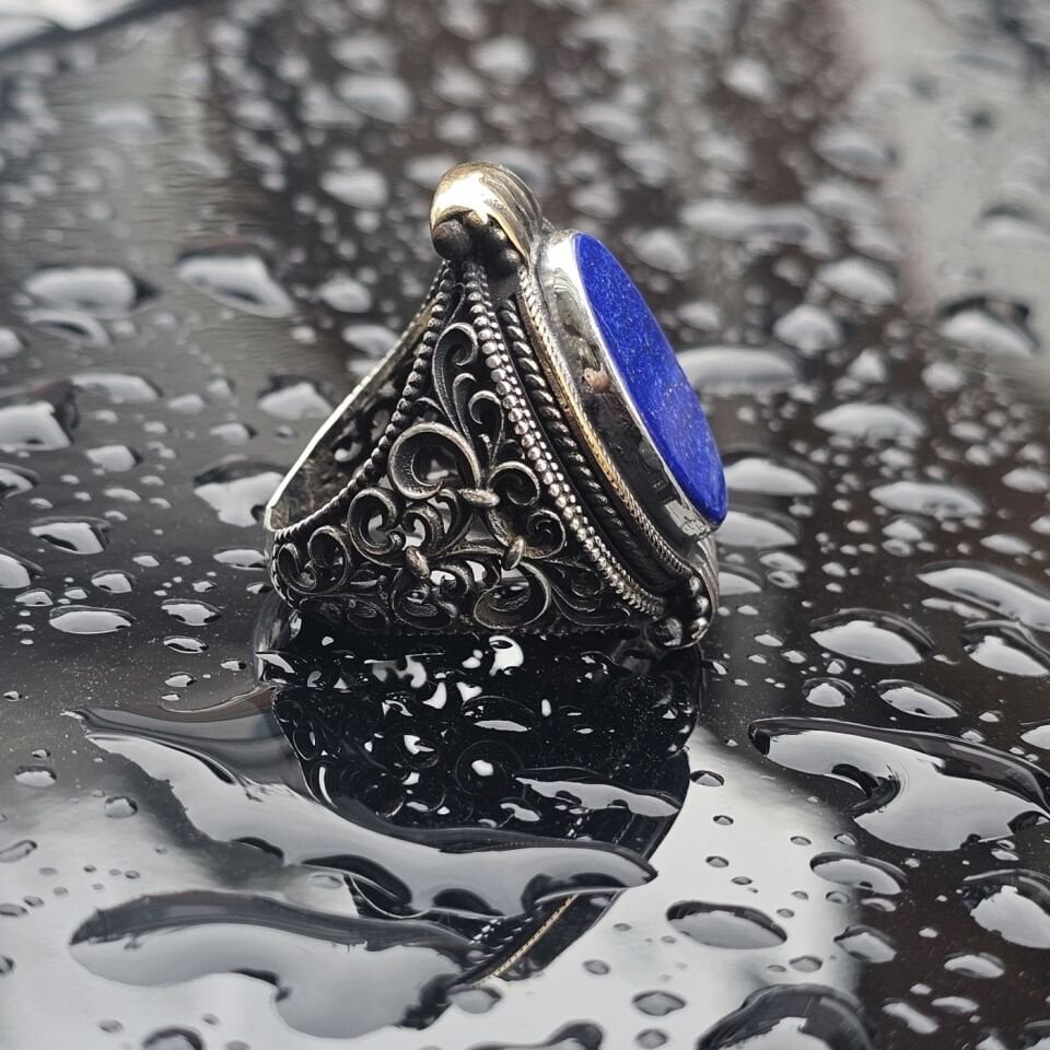 Orjinal Lapis Lazuli işlemeli Usta işi  925 Ayar Erkek Gümüş Yüzük
