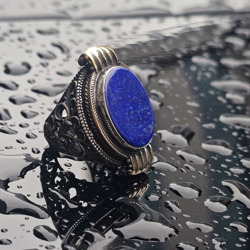 Orjinal Lapis Lazuli işlemeli Usta işi  925 Ayar Erkek Gümüş Yüzük
