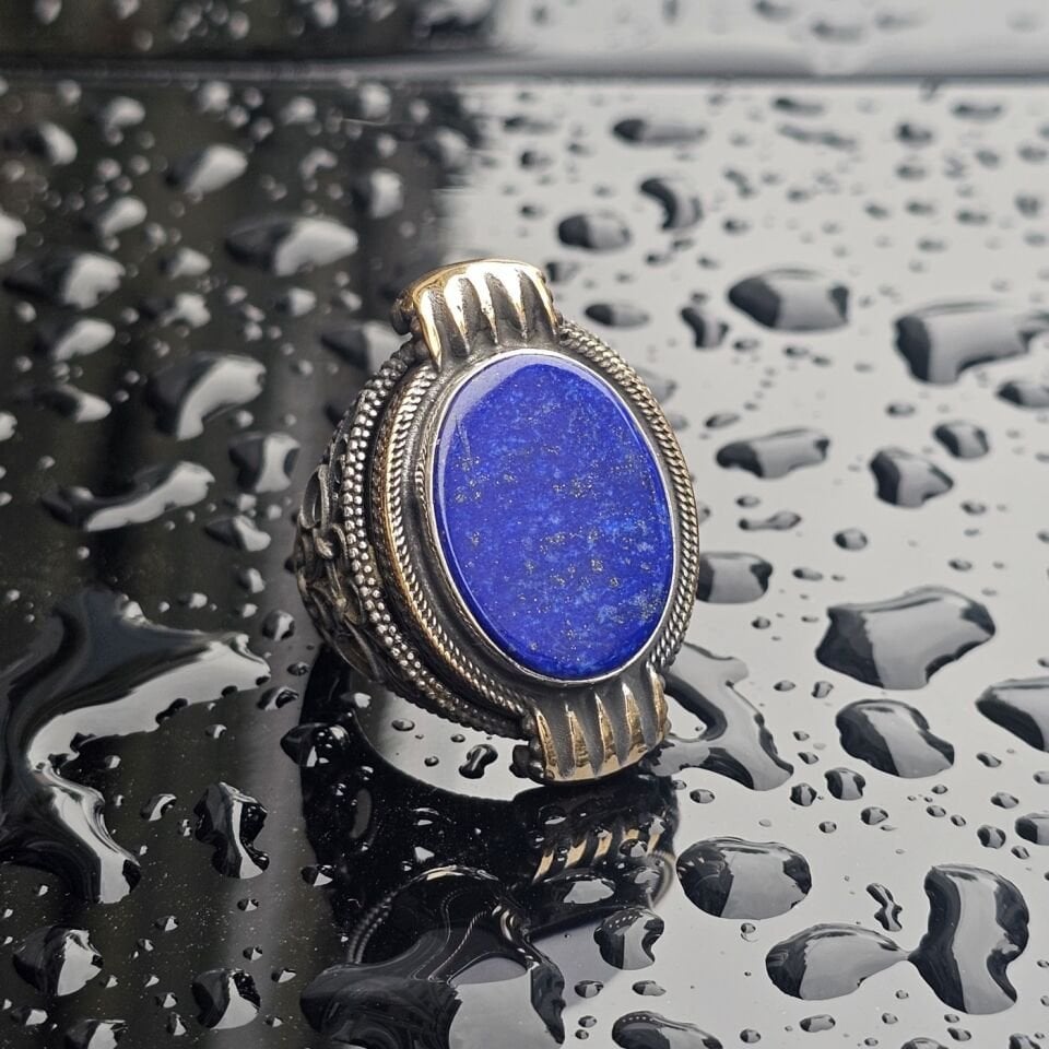 Orjinal Lapis Lazuli işlemeli Usta işi  925 Ayar Erkek Gümüş Yüzük