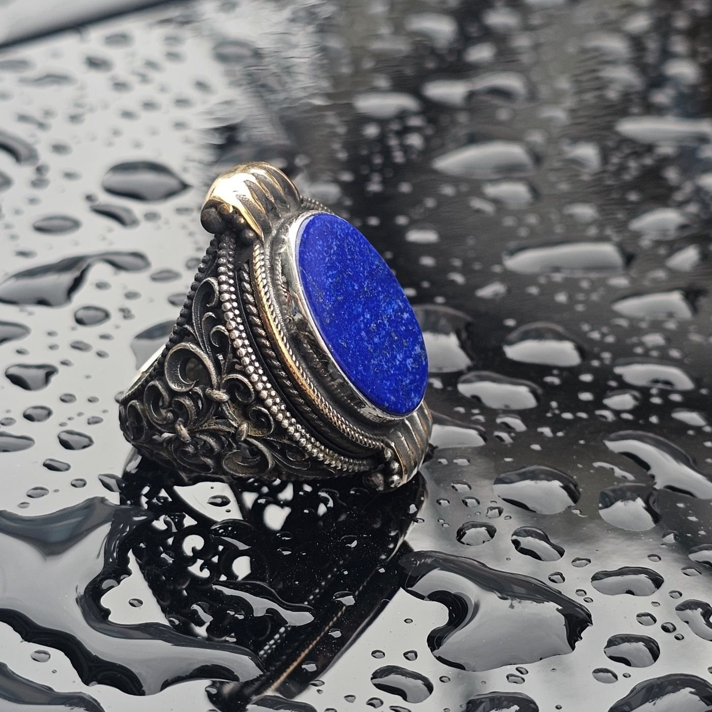 Orjinal Lapis Lazuli işlemeli Usta işi  925 Ayar Erkek Gümüş Yüzük