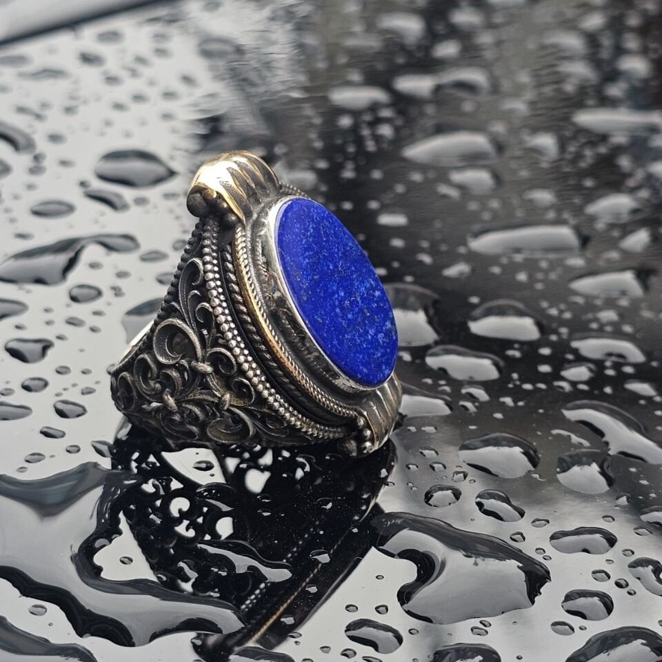 Orjinal Lapis Lazuli işlemeli Usta işi  925 Ayar Erkek Gümüş Yüzük