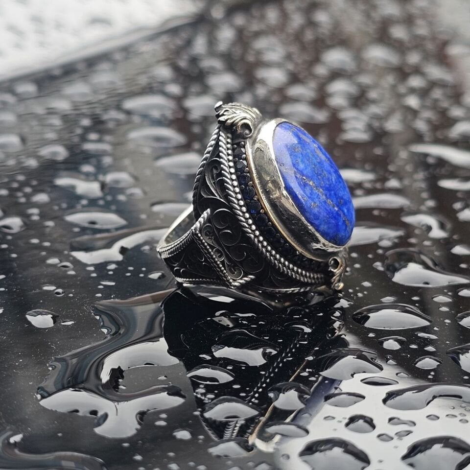 Orjinal Lapis Lazuli işlemeli Usta işi  925 Ayar Erkek Gümüş Yüzük