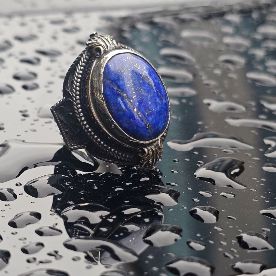 Orjinal Lapis Lazuli işlemeli Usta işi  925 Ayar Erkek Gümüş Yüzük