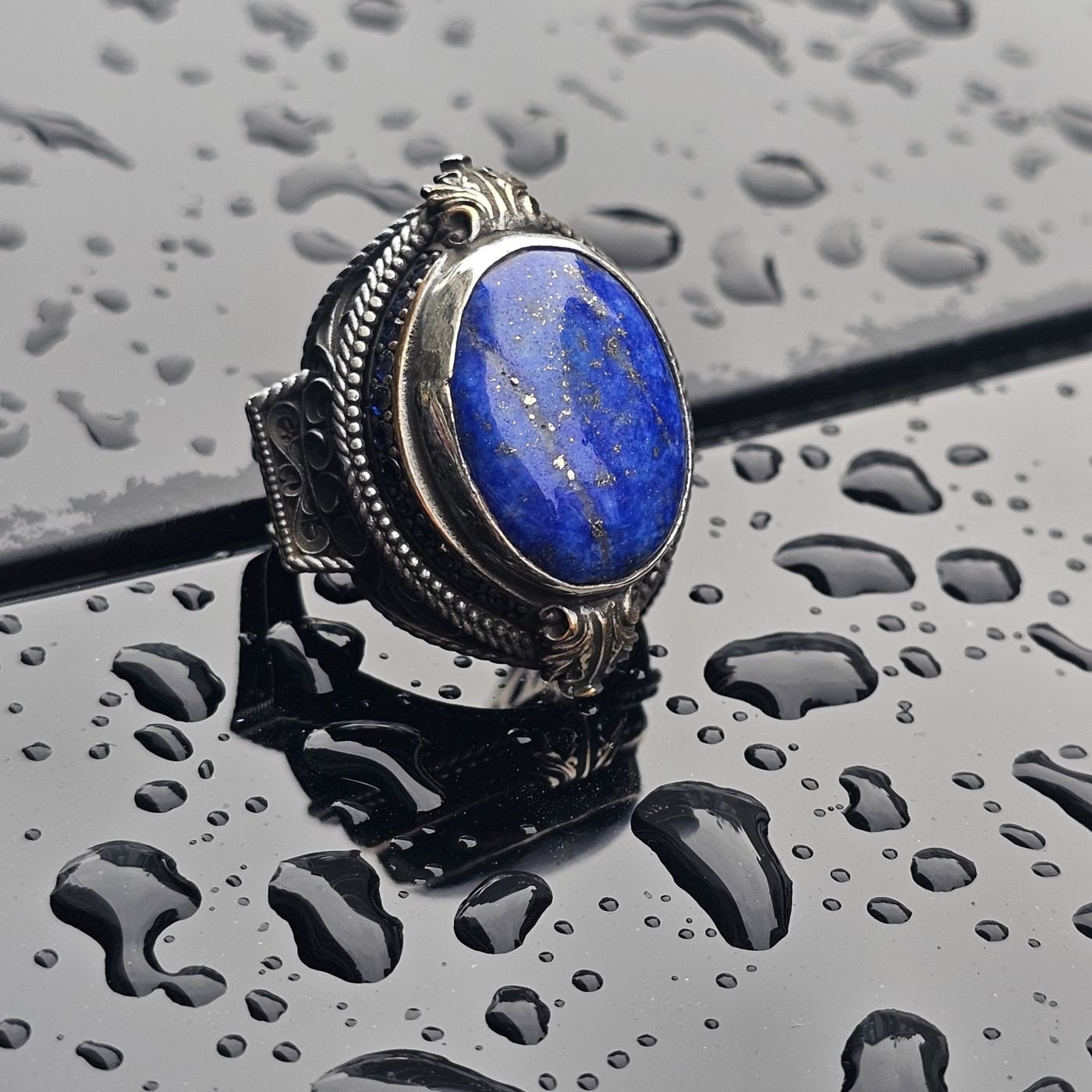 Orjinal Lapis Lazuli işlemeli Usta işi  925 Ayar Erkek Gümüş Yüzük