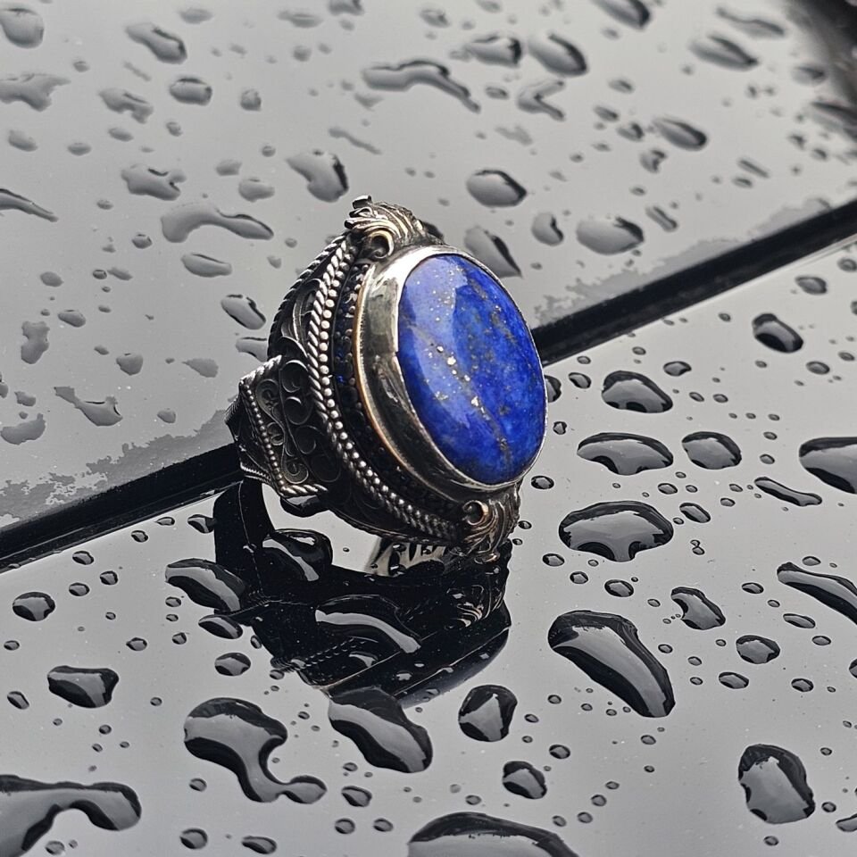 Orjinal Lapis Lazuli işlemeli Usta işi  925 Ayar Erkek Gümüş Yüzük
