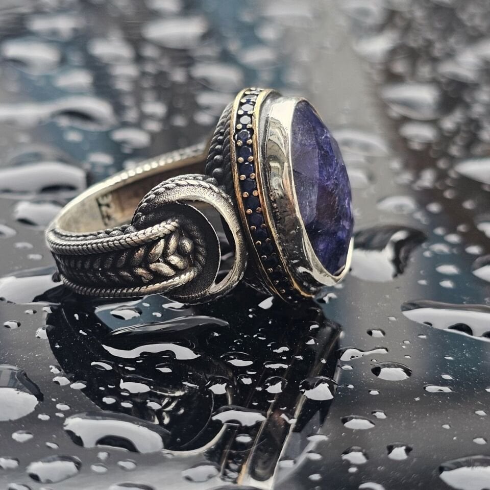 Orjinal Safir taş işlemeli Usta işi  925 Ayar Erkek Gümüş Yüzük