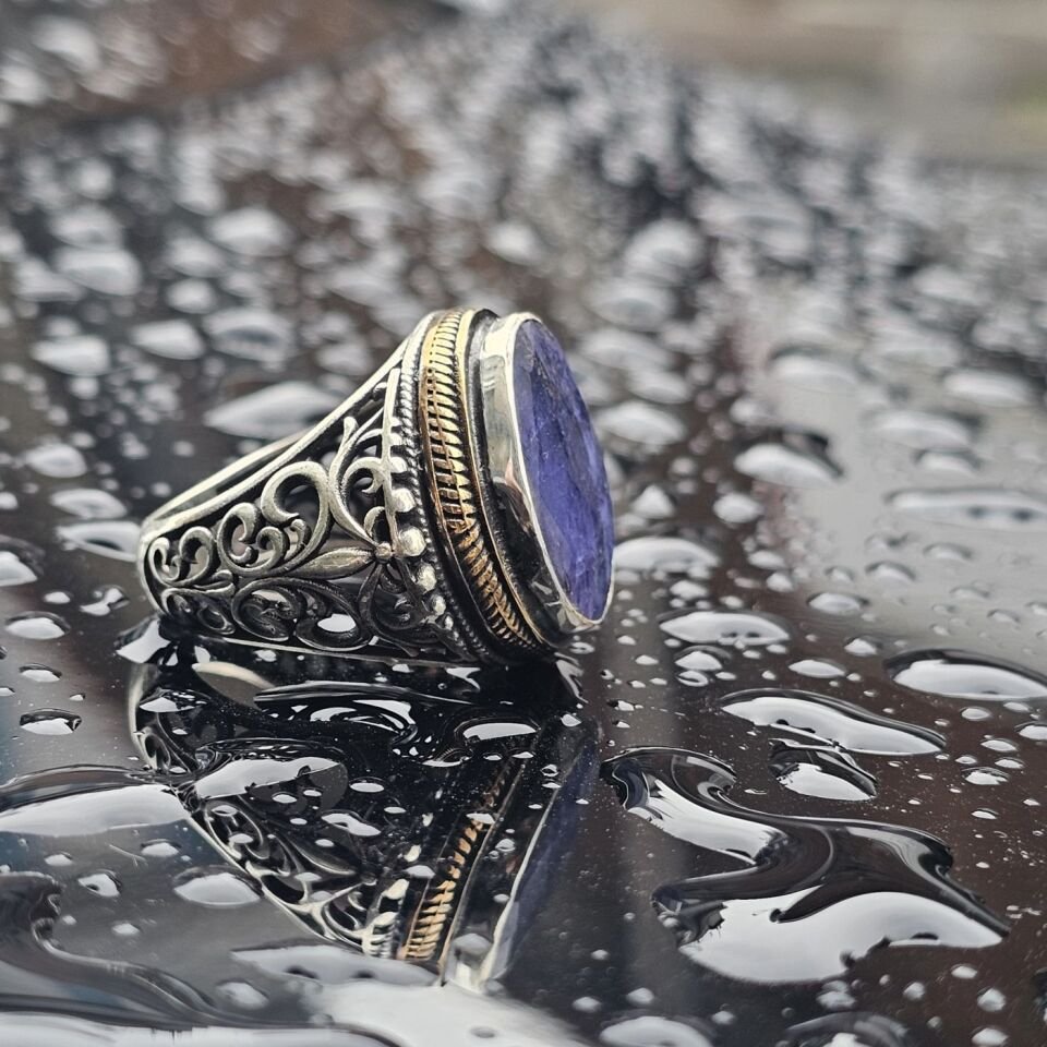 Orjinal Safir taş işlemeli Usta işi  925 Ayar Erkek Gümüş Yüzük