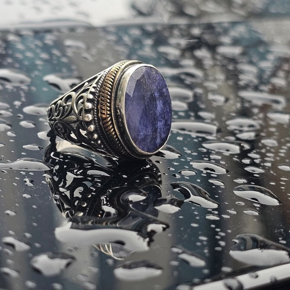 Orjinal Safir taş işlemeli Usta işi  925 Ayar Erkek Gümüş Yüzük