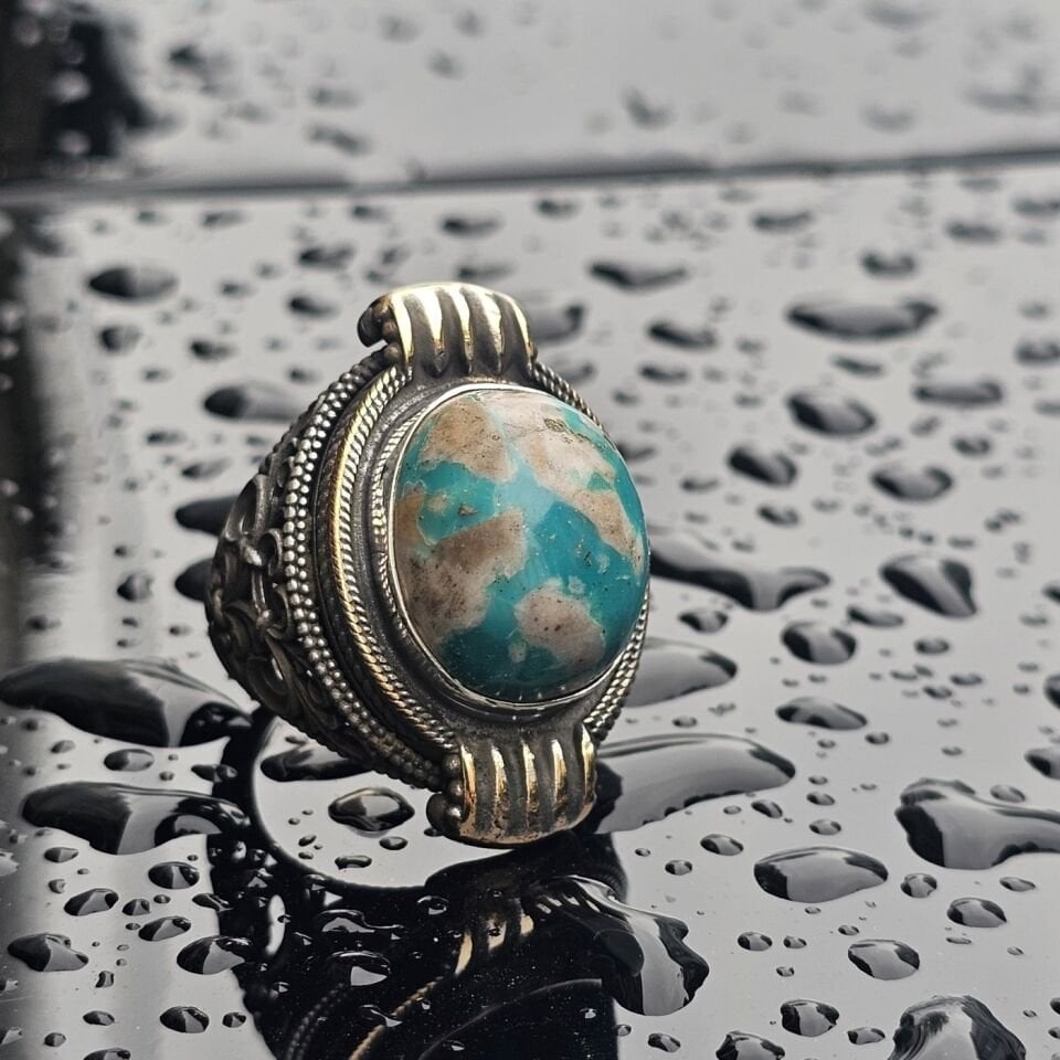 Orjinal Firuze taş işlemeli Usta işi  925 Ayar Erkek Gümüş Yüzük