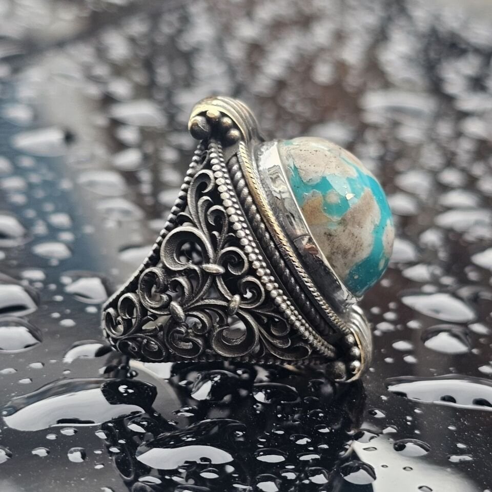Orjinal Firuze taş işlemeli Usta işi  925 Ayar Erkek Gümüş Yüzük