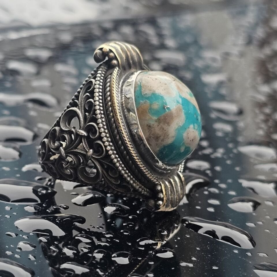 Orjinal Firuze taş işlemeli Usta işi  925 Ayar Erkek Gümüş Yüzük